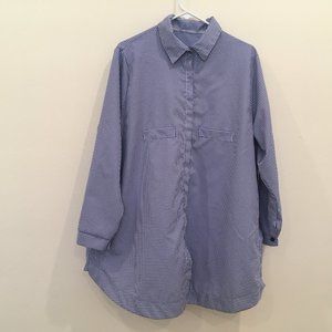 Blue Checkered Business Casual Blouse with Adjustable Sides, 1X